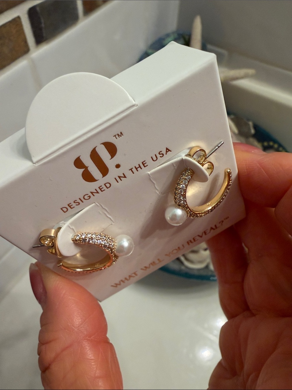 bp Gold Crescent Earrings with White Pearls and Pavé Crystals - Picture 3 of 3